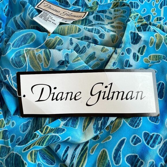 Diane Gilman NEW Silk Blouse Peacock Blue and Green V-Neck with Flutter Sleeve - Picture 7 of 9